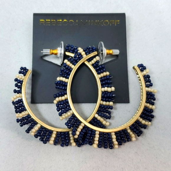 Rebecca Minkoff Beaded Fringe Hoop Earrings Blue pearl beads gold frame - Picture 2 of 3